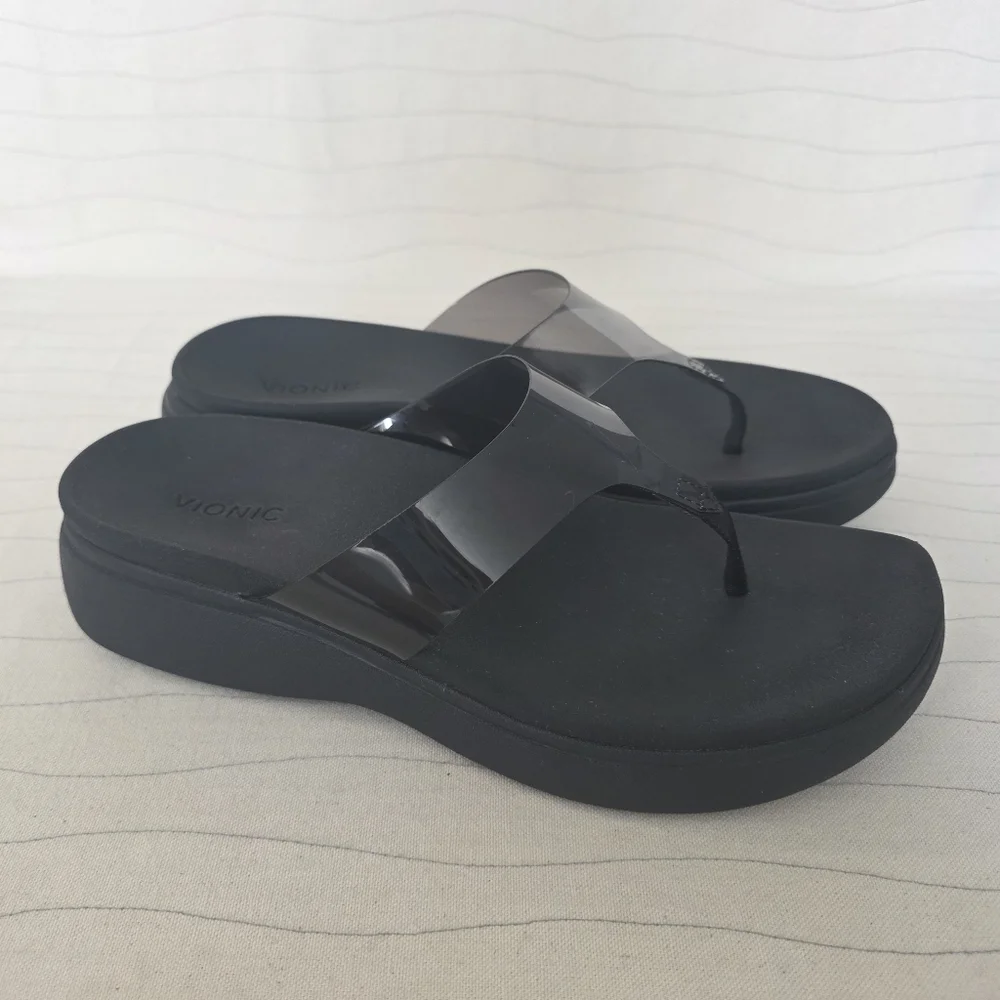 Vionic Womens Luminous High Tide Black Wedge Platform Flip Flop Sandals Size 10
